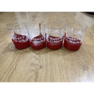 4-Maker's Mark Red Wax Dipped Drip Kentucky Bourbon Whiskey Round Rocks Glass